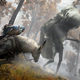 A warrior on horseback dodges a tall, cloaked creature.